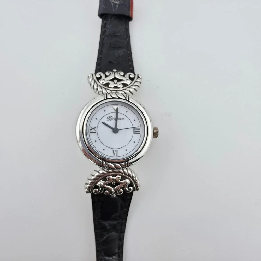 BRIGHTON 'Somerset' Watch Reversible Leather Black Brown Band Silver Plate 6.75
